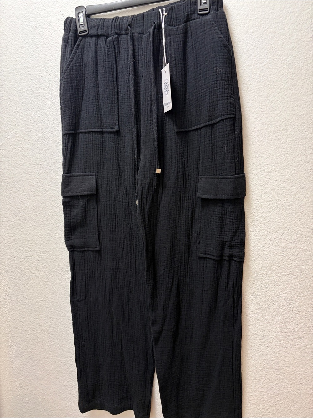 Black Cargo Beach  Pants with Drawstring Waist